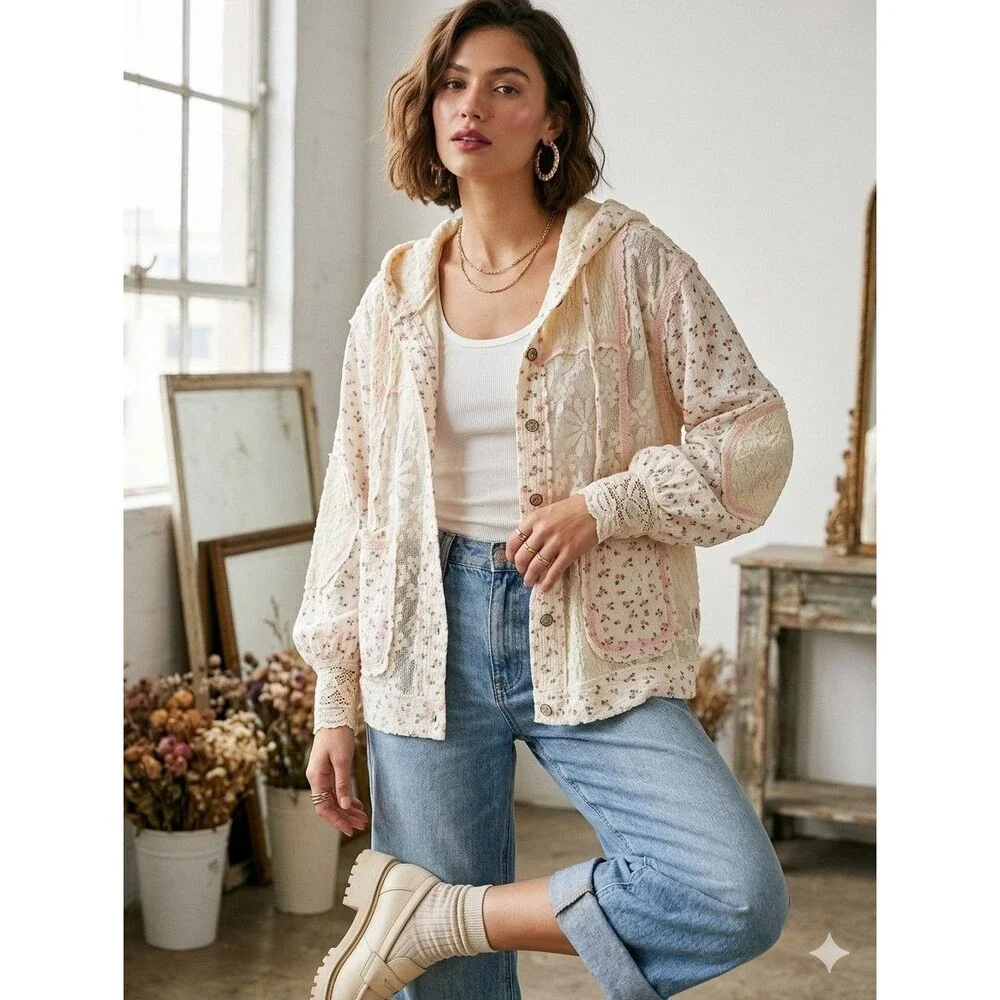 POL Floral Lace Hoodie S Jacket Boho Coquette Cottagecore Balloon Sleeve Shacket - Picture 1 of 14